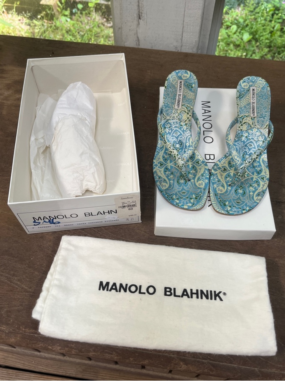 Manolo Blahnik Blue and Teal Paisley Kitten Heel Sandals